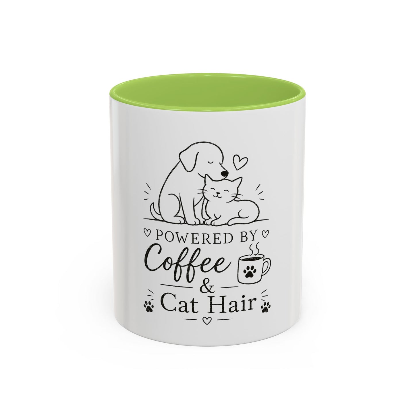 Powered By Coffee & Cat Hair Mug | Cat and Dog Illustration Coffee Mug