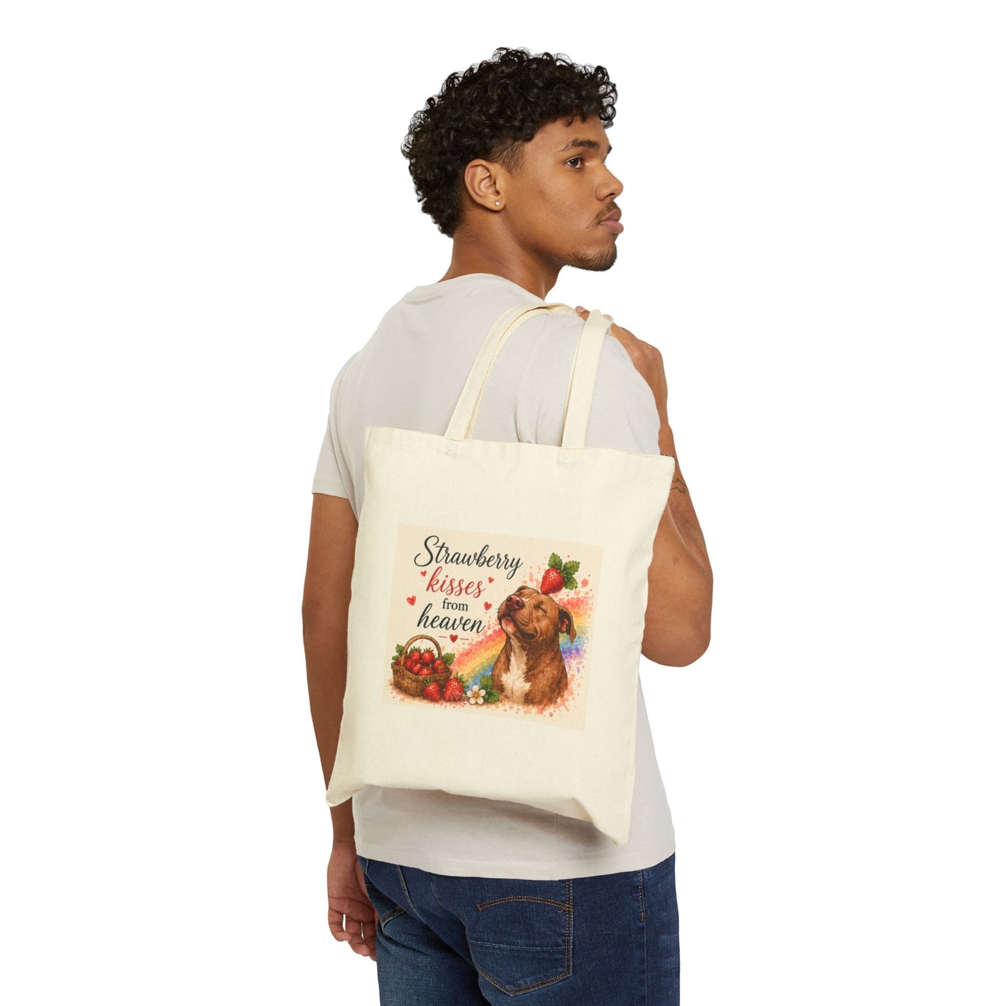 Strawberry Kisses From Heaven Tote Bag – Cute Guinea Pig & Rainbow Cotton Canvas Shopper