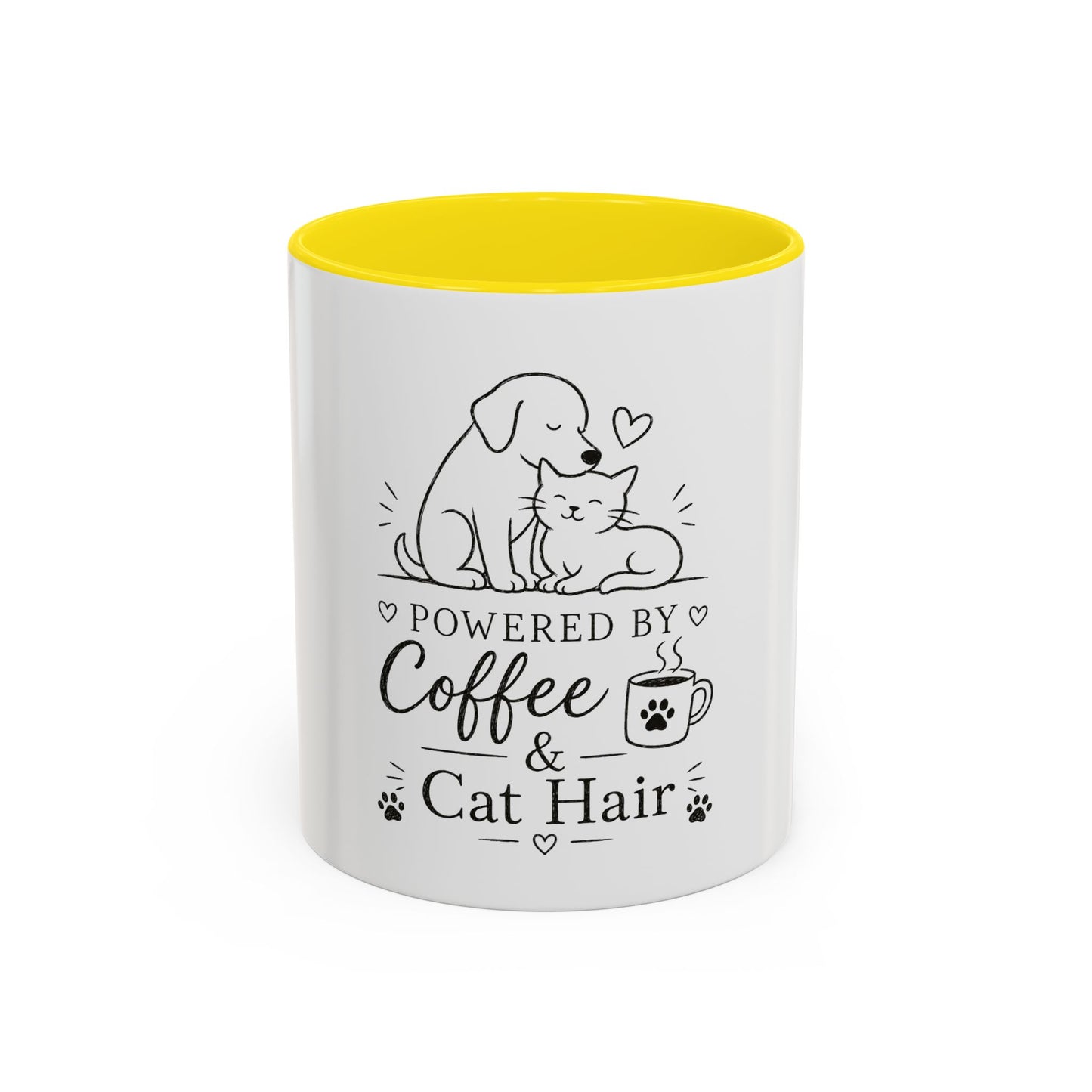 Powered By Coffee & Cat Hair Mug | Cat and Dog Illustration Coffee Mug