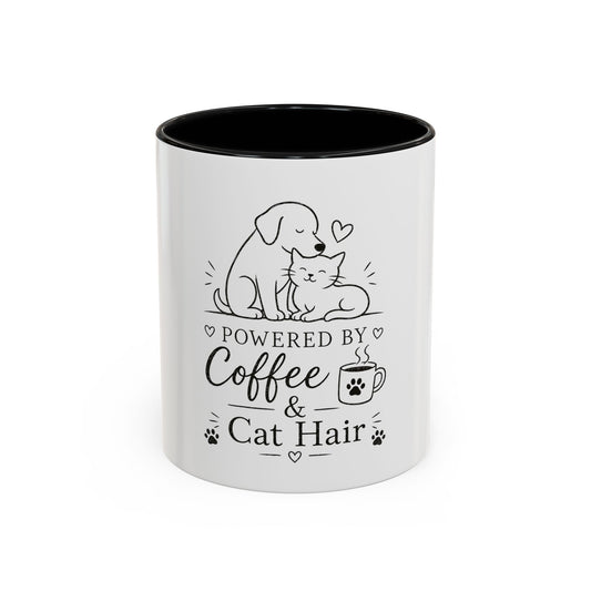 Powered By Coffee & Cat Hair Mug | Cat and Dog Illustration Coffee Mug