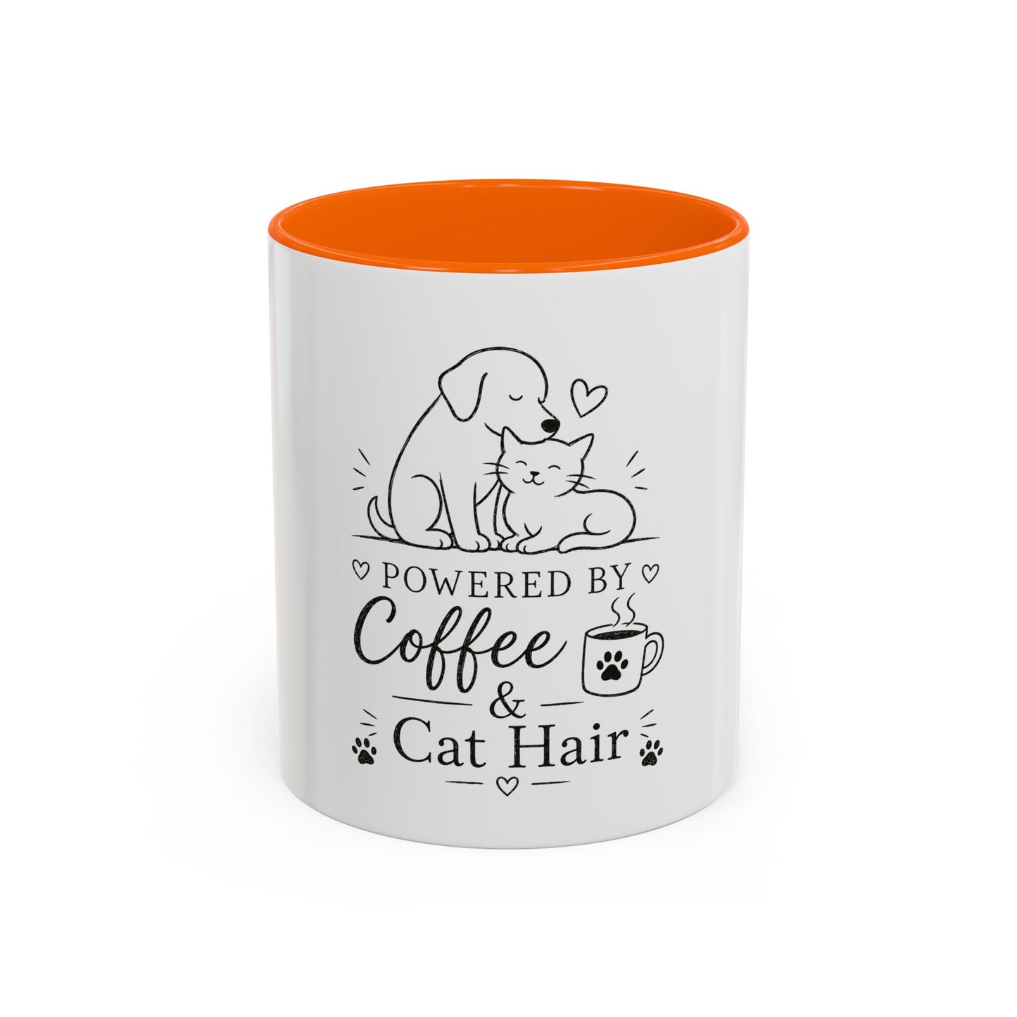 Powered By Coffee & Cat Hair Mug | Cat and Dog Illustration Coffee Mug