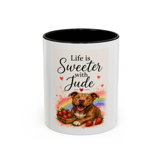 Life Is Sweeter With Jude Accent Coffee Mug | Paw print, rainbow