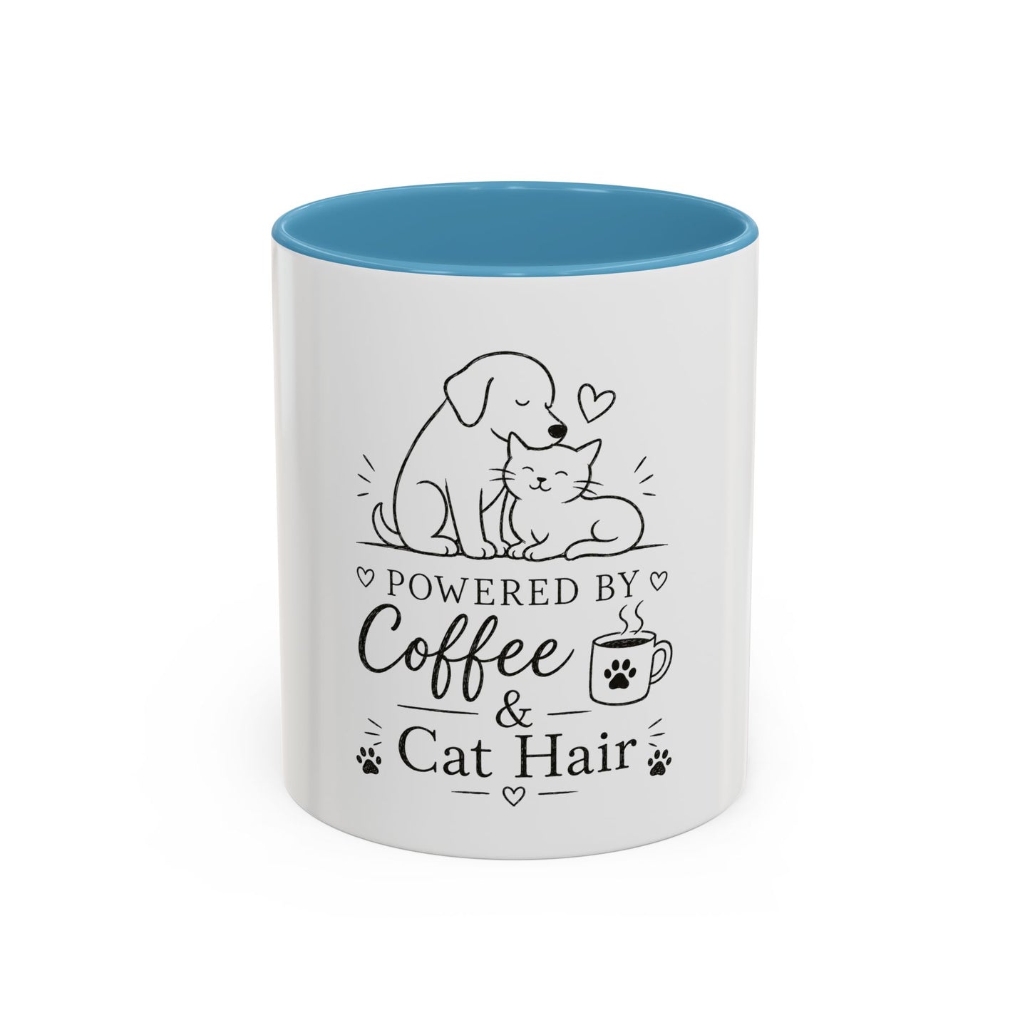 Powered By Coffee & Cat Hair Mug | Cat and Dog Illustration Coffee Mug