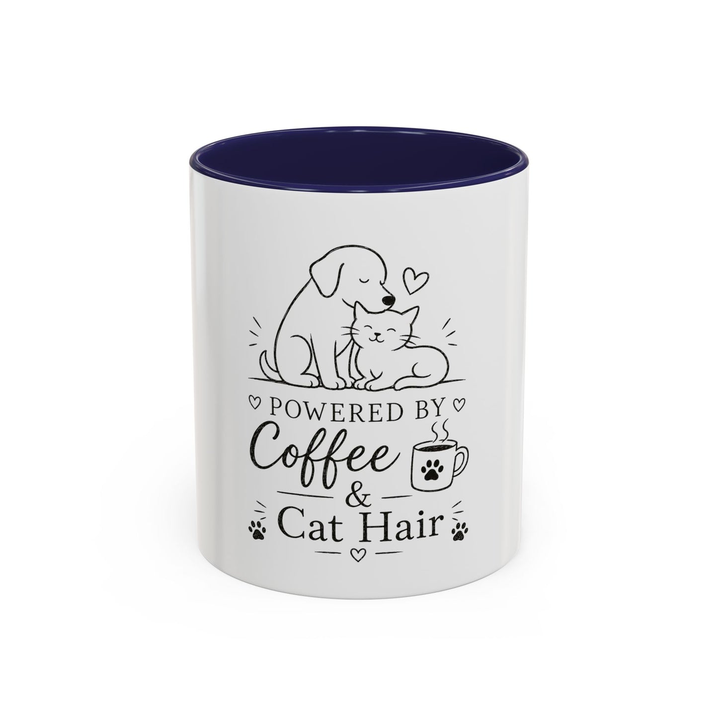 Powered By Coffee & Cat Hair Mug | Cat and Dog Illustration Coffee Mug