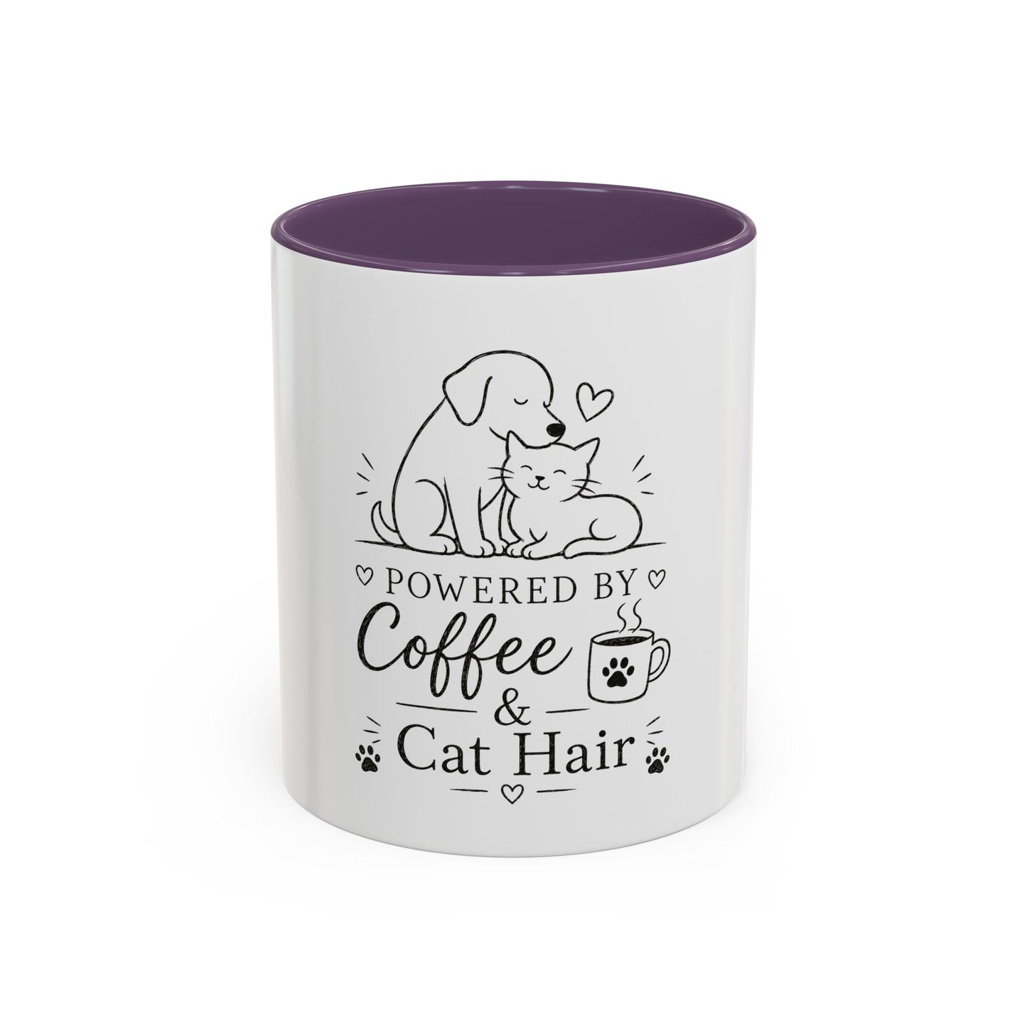 Powered By Coffee & Cat Hair Mug | Cat and Dog Illustration Coffee Mug