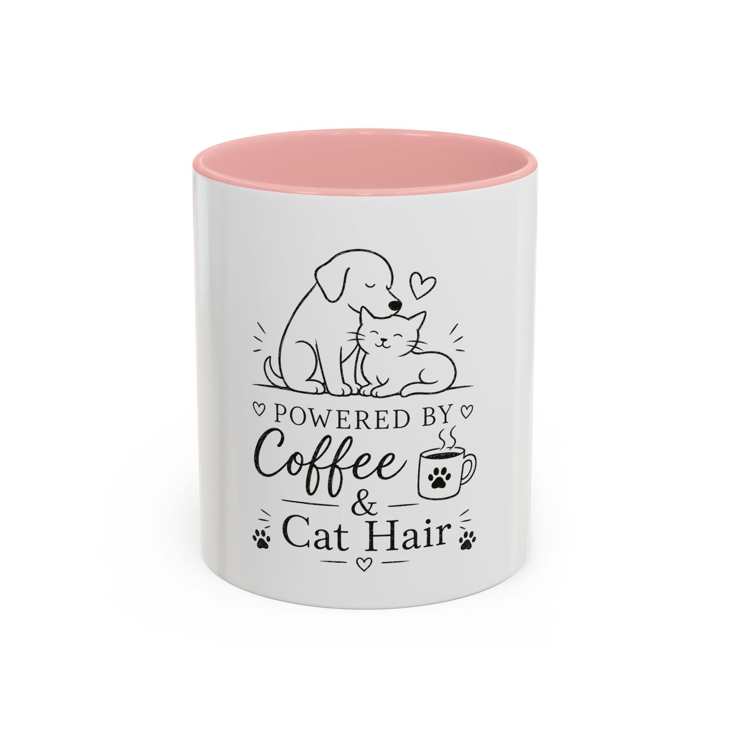 Powered By Coffee & Cat Hair Mug | Cat and Dog Illustration Coffee Mug