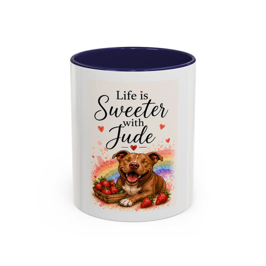 Life Is Sweeter With Jude Accent Coffee Mug | Paw print, rainbow