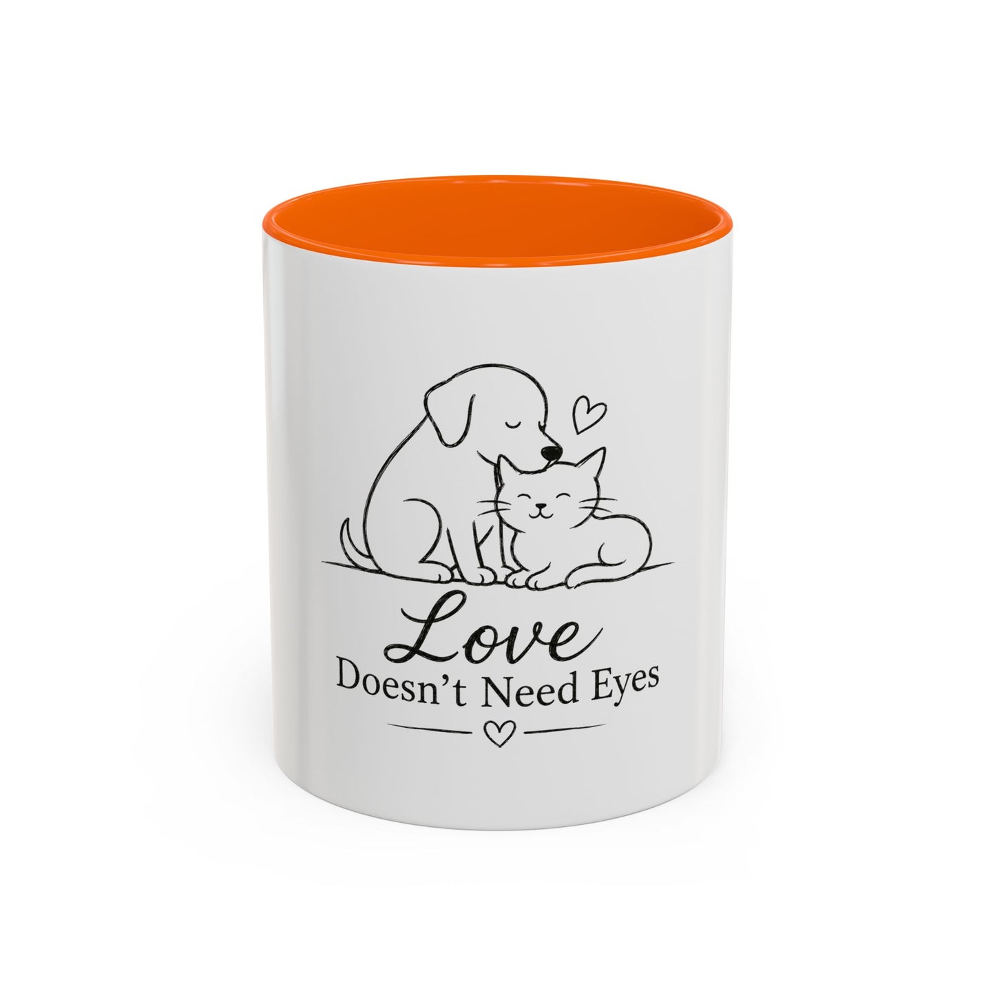 Love Doesn't Need Eyes Mug | Cat and Dog Illustration Coffee Mug