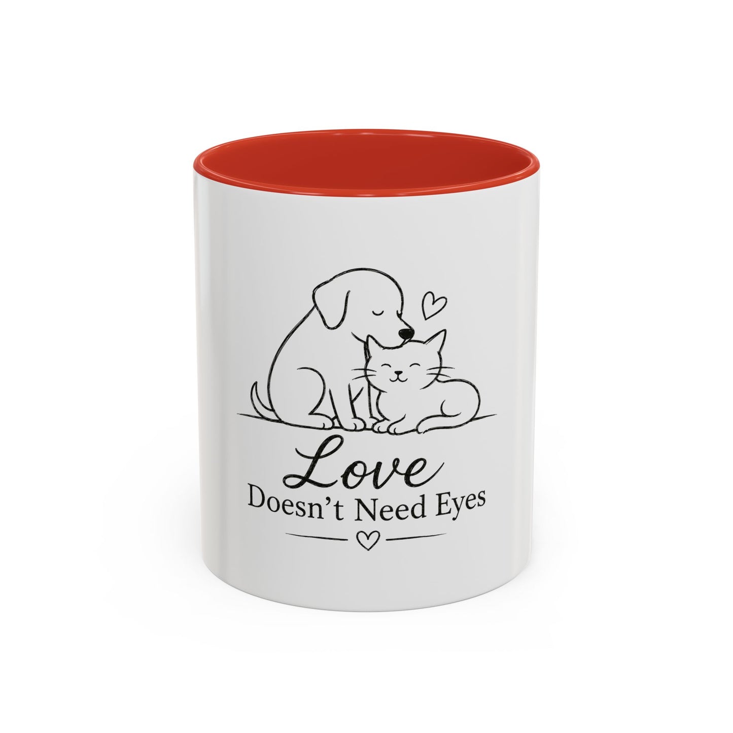 Love Doesn't Need Eyes Mug | Cat and Dog Illustration Coffee Mug