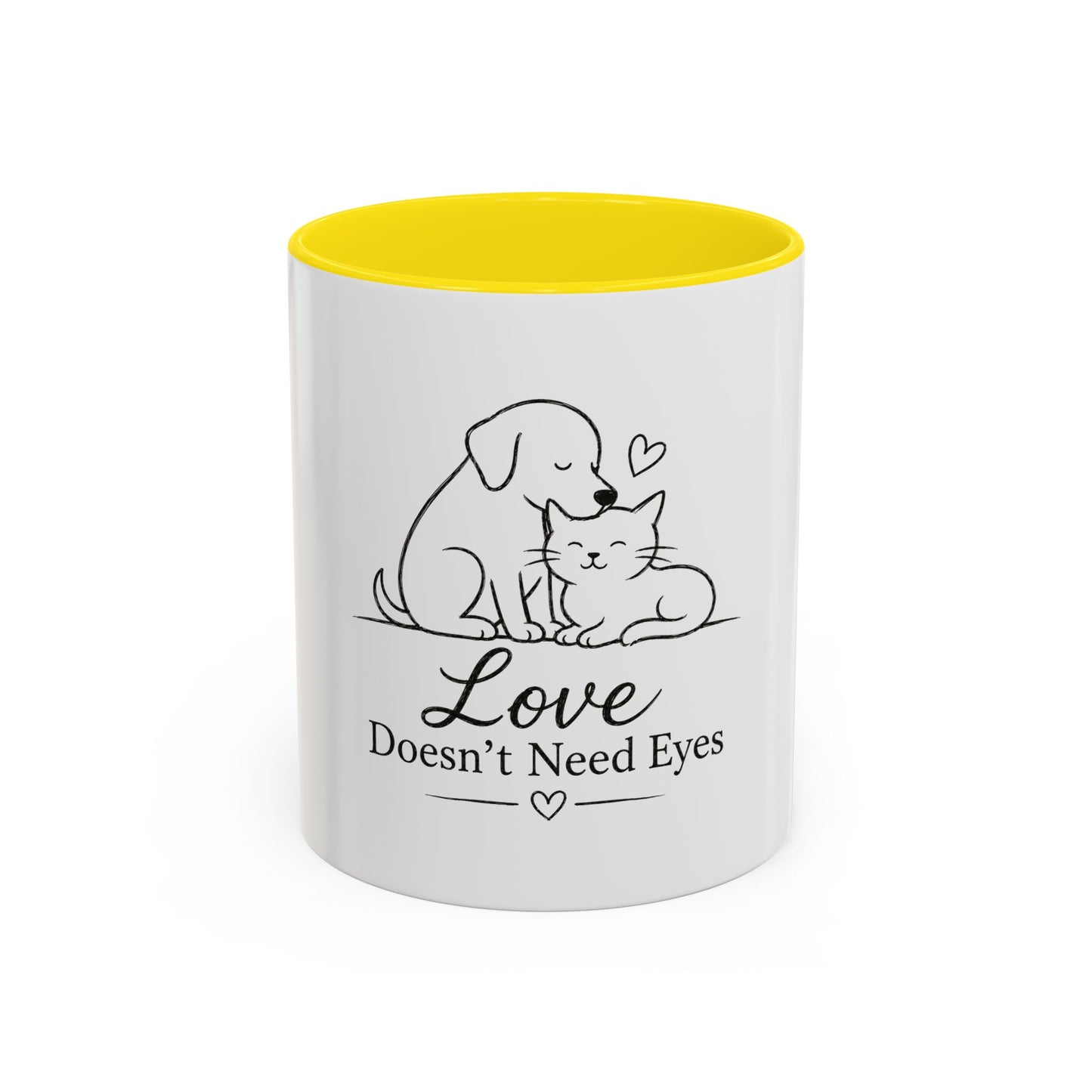 Love Doesn't Need Eyes Mug | Cat and Dog Illustration Coffee Mug