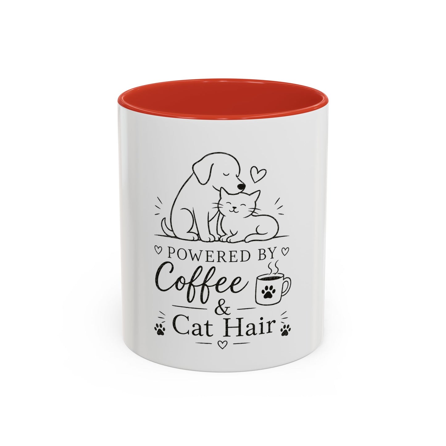 Powered By Coffee & Cat Hair Mug | Cat and Dog Illustration Coffee Mug