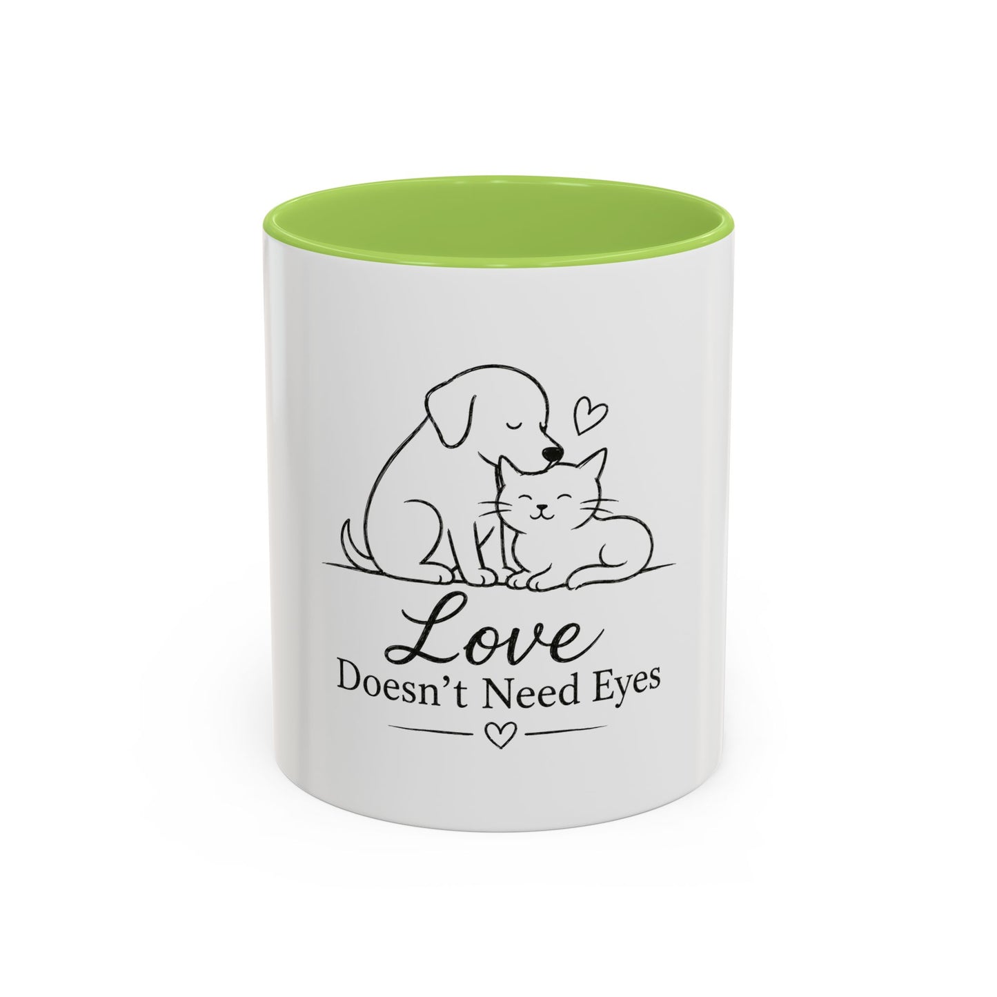 Love Doesn't Need Eyes Mug | Cat and Dog Illustration Coffee Mug